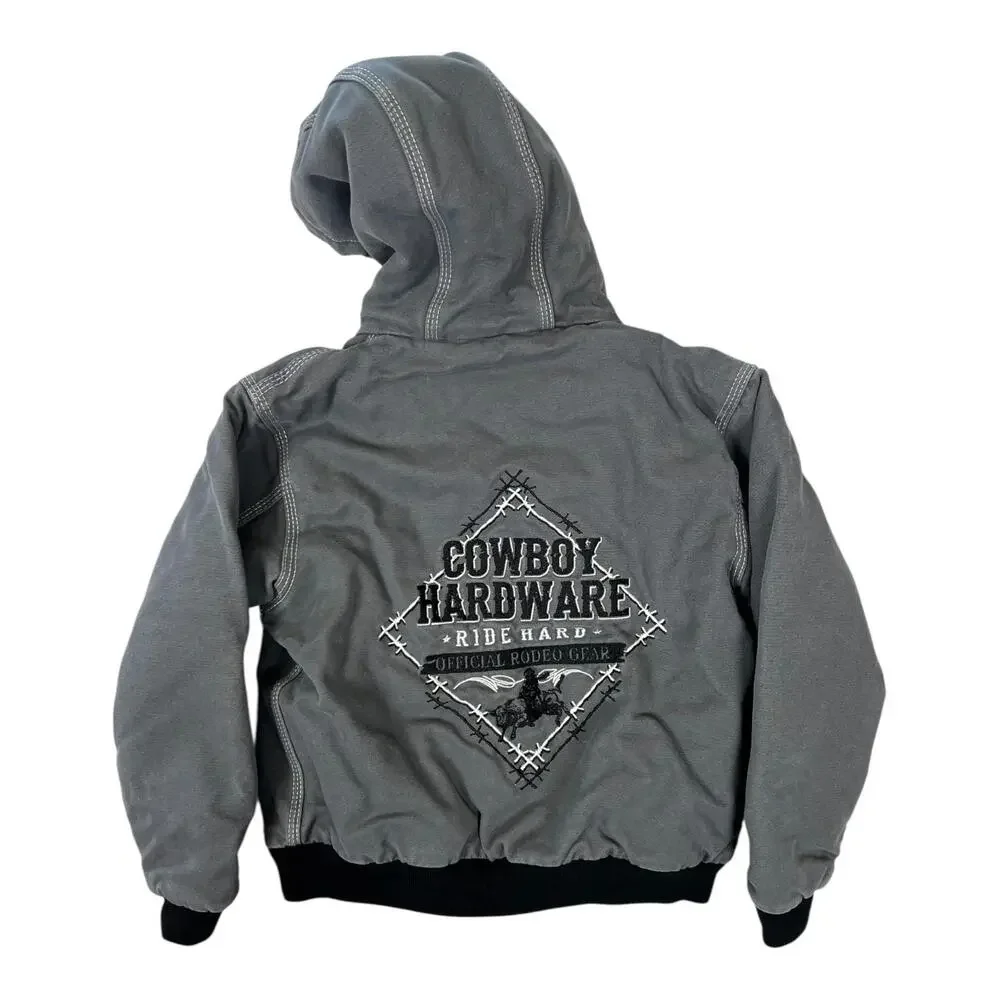 Cowboy Hardware Jacket Boys Medium Gray Ride Hard Western Hooded Canvas Bomber